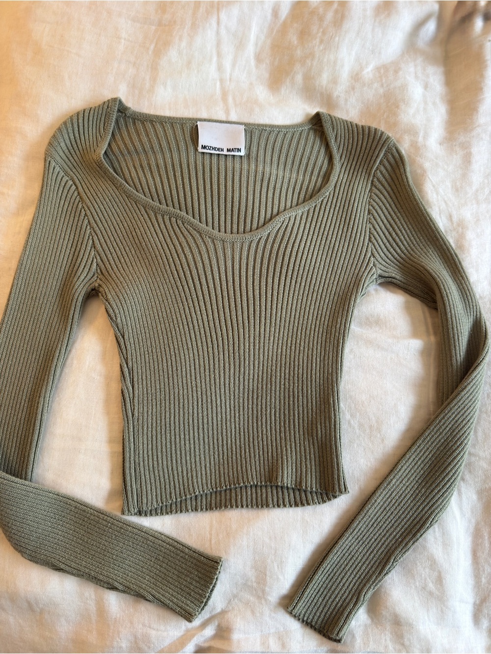 Olive Ribbed Scoop Neck Long Sleeve Cropped Top